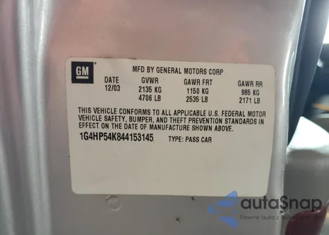 2004 Buick Lesabre Custom z USA, uszkodzony, nr VIN 1G4HP54K844153145